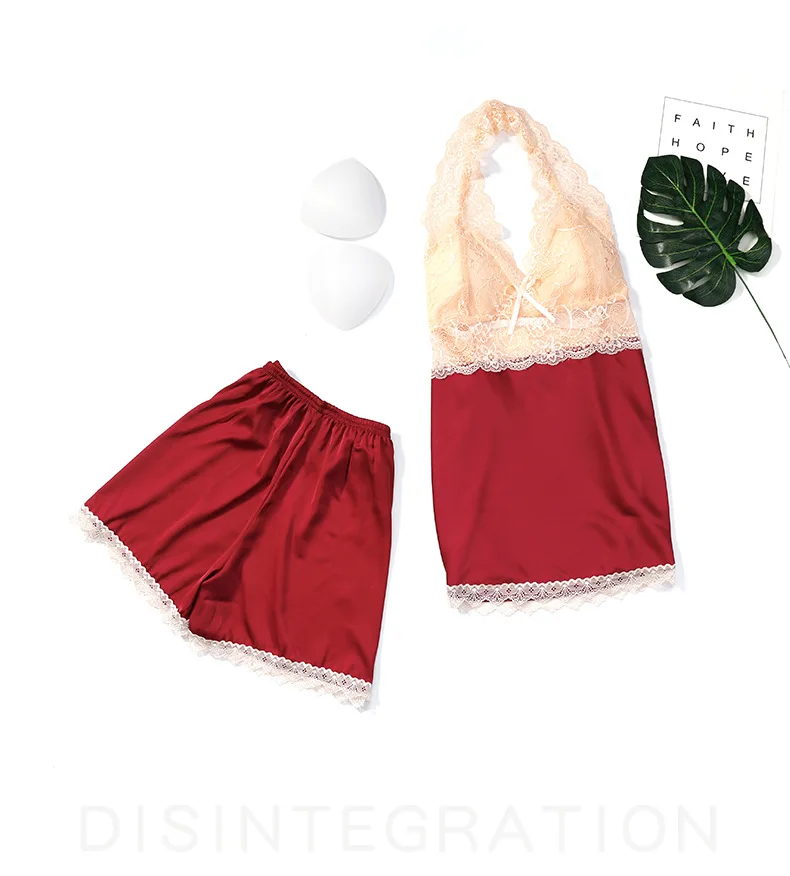 

Summer Female V-Neck Sleeveless Women's Sexy Underwear Satin Pajama Suspender Sleepcoat Shorts Lingerie Set