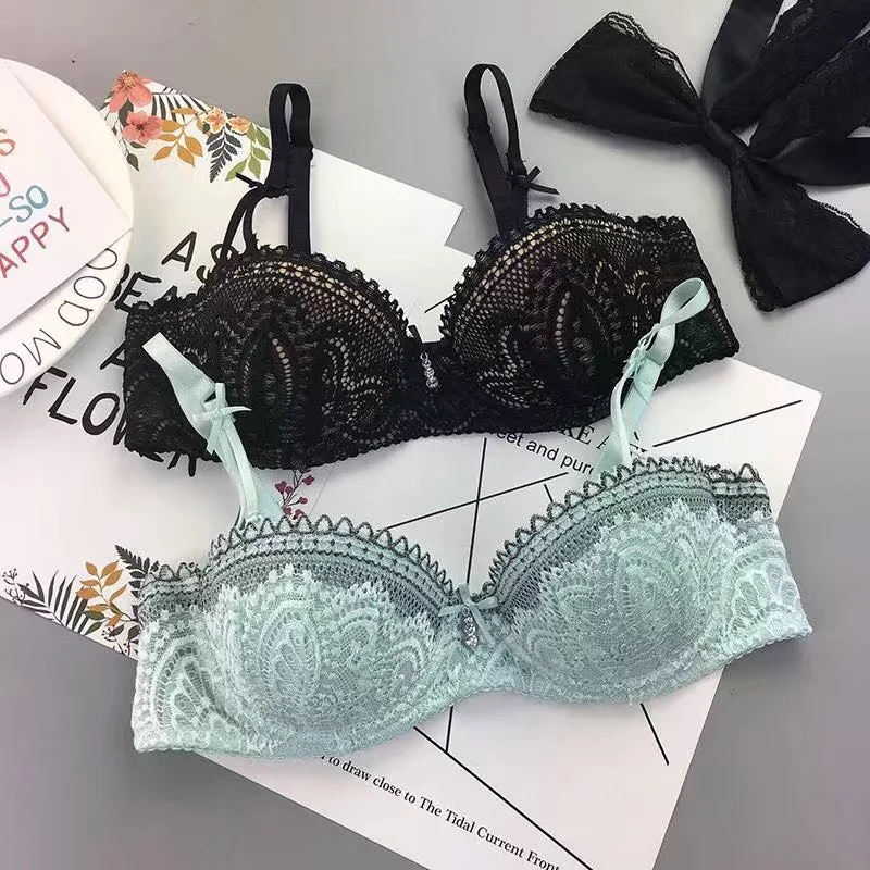 

Women Sexy Sweet Bra&Brief Sets Floral Bralette Cup Lace up Half Embroidery Push Bowknot Set New Women Underwear Underwire