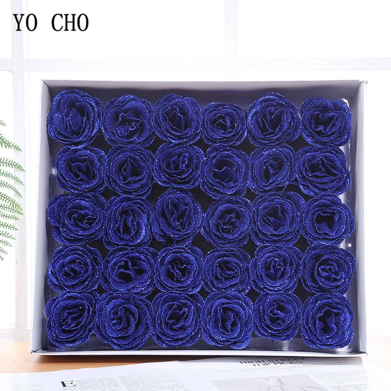YO CHO Blue Rose Flower Head Crystal Rose Glitter Flower Head 1 Box 30 pcs Home Wedding Decor Valentines Gift Bling Flowers