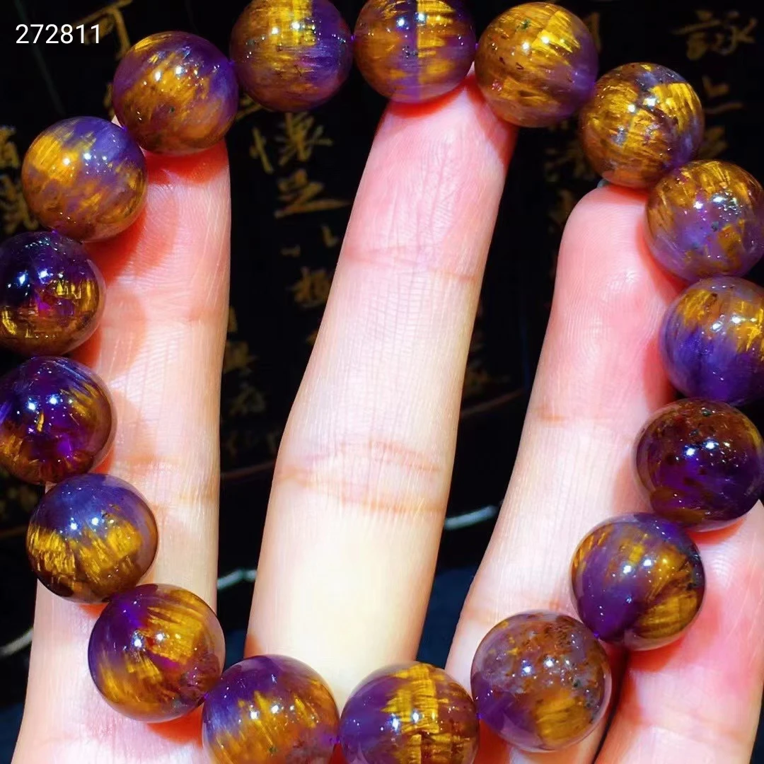 

12mm Genuine Natural Cacoxenite Auralite 23 Purple Rutilated Quartz Bracelet Clear Round Beads Bangle Women Men AAAAAA