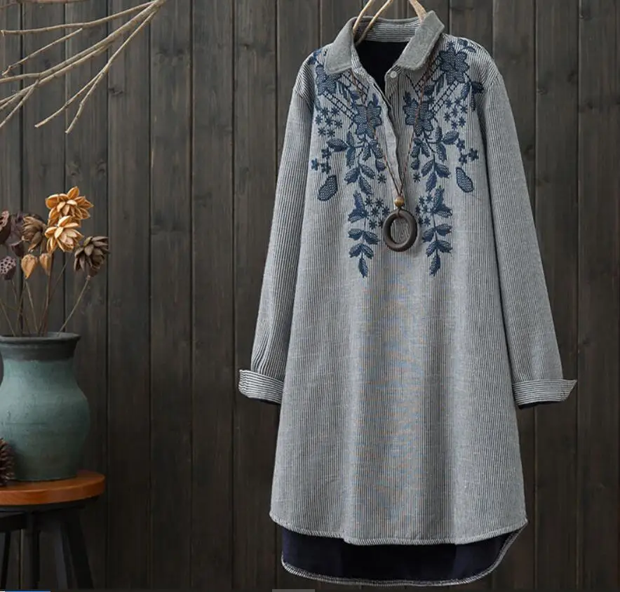 

Vintage Embroidery Fleece long shirts floral casual loose tops Shirts
