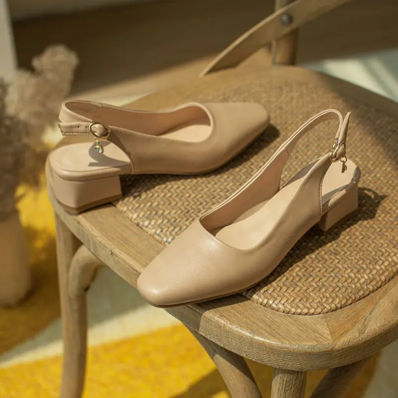 

ZawsThia 2021 Buckle Strap Slingback Women's Shoes Chunky Middle Heels Round Toe Career Dress Pumps Big Size 33-43 Women Sandals