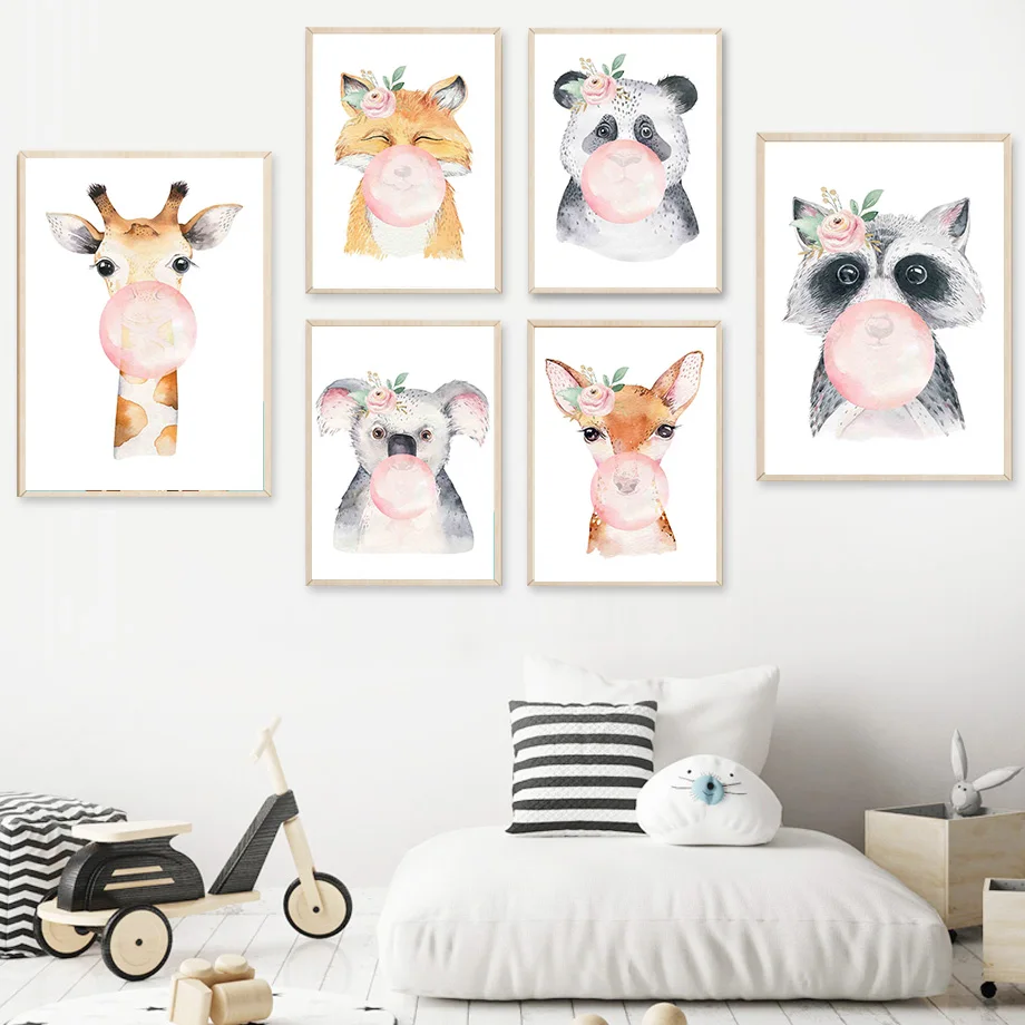 

Deer Fox Panda Koala Raccoon Giraffe Bubble Wall Art Canvas Painting Nordic Posters And Prints Wall Pictures Kids Room Decor