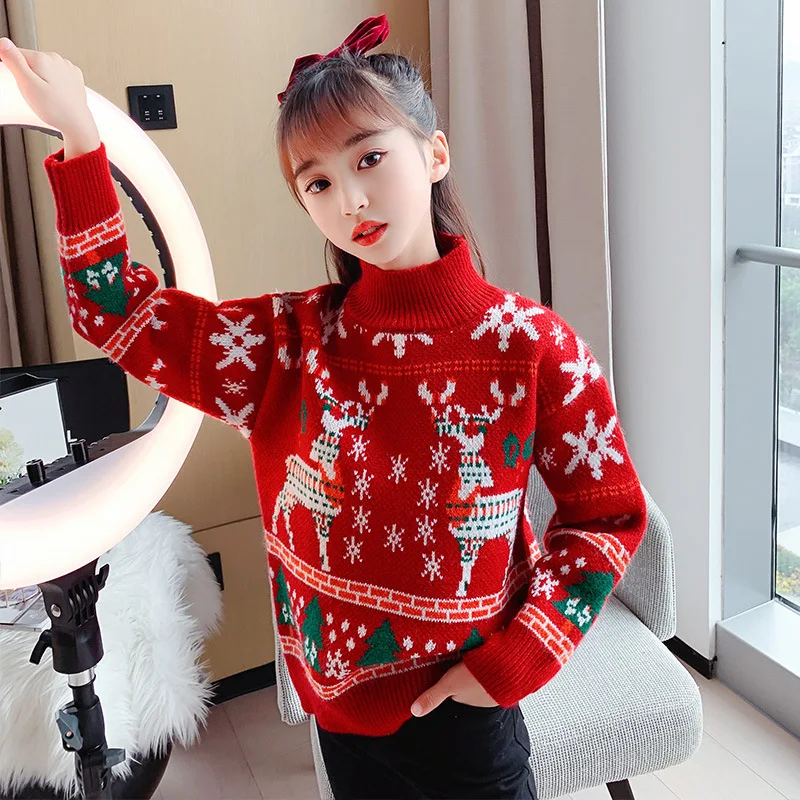 

New Girls Sweater Baby's Coat Outwear 2021 Red Thicken Warm Warm Spring Autumn Jacket Knitting Pullover Children's Clothing
