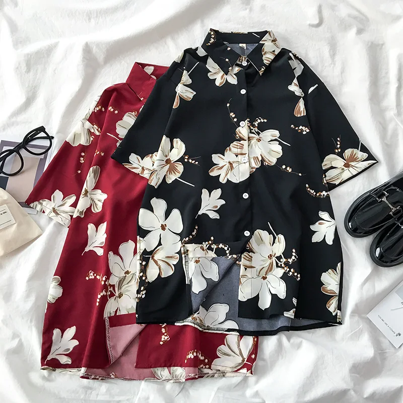 Женская блузка с коротким рукавом летняя цветочным принтом в стиле ретро модель