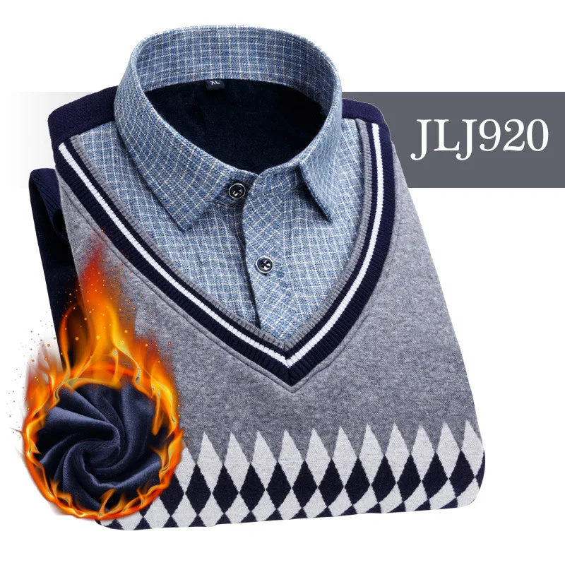 JLJ920 Мужская одежда, рубашки с вышивкой, в полоску, макет, из двух частей, платье, рубашка, имитация двойки, длинный рукав, толстый бархат, свитер, рубашки - Цвет: JLJ920