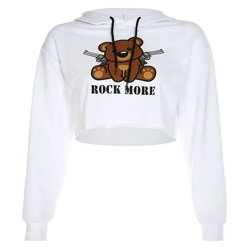 Bear Printed Rockmore белый китайский персонаж Дракон печати толстовки с капюшоном Женская толстовка размера плюс уличная укороченные толстовки осень Femme - Цвет: Bear Printed