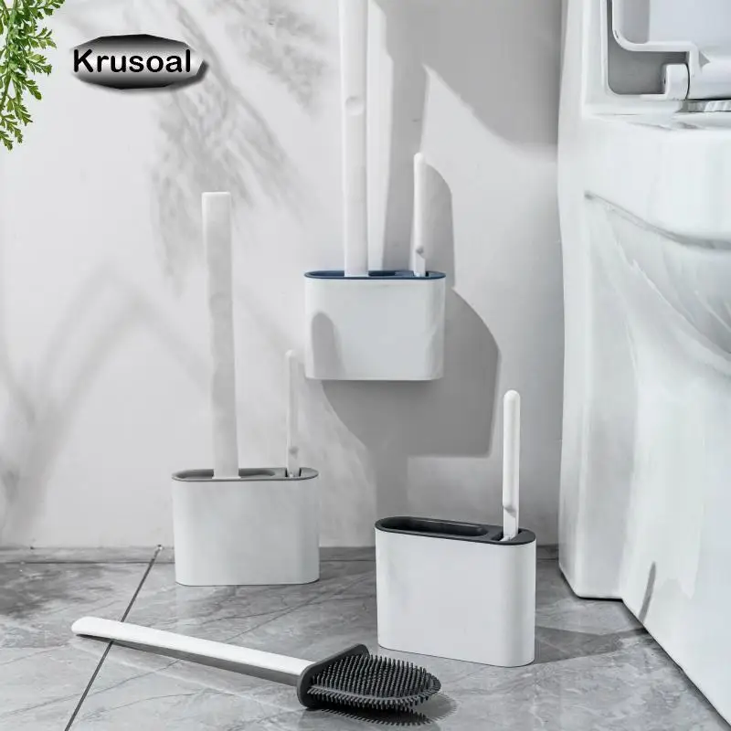 

Silicone Toilet Brush Household No Dead Ends Wall-Mounted Cleaning Kit Flat Head Flexible Soft Bristle Bathroom Accessories Set