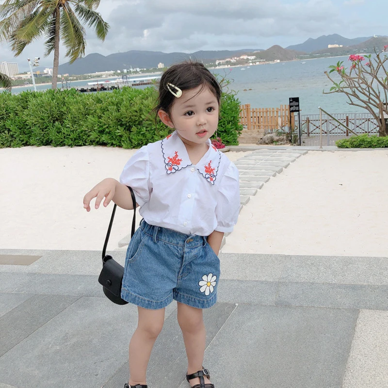 

Keelorn Girls Short Jeans 2021 New Summer Solid Loose Denim Short Pants High Waist Korean Children Flowers Print Clothing