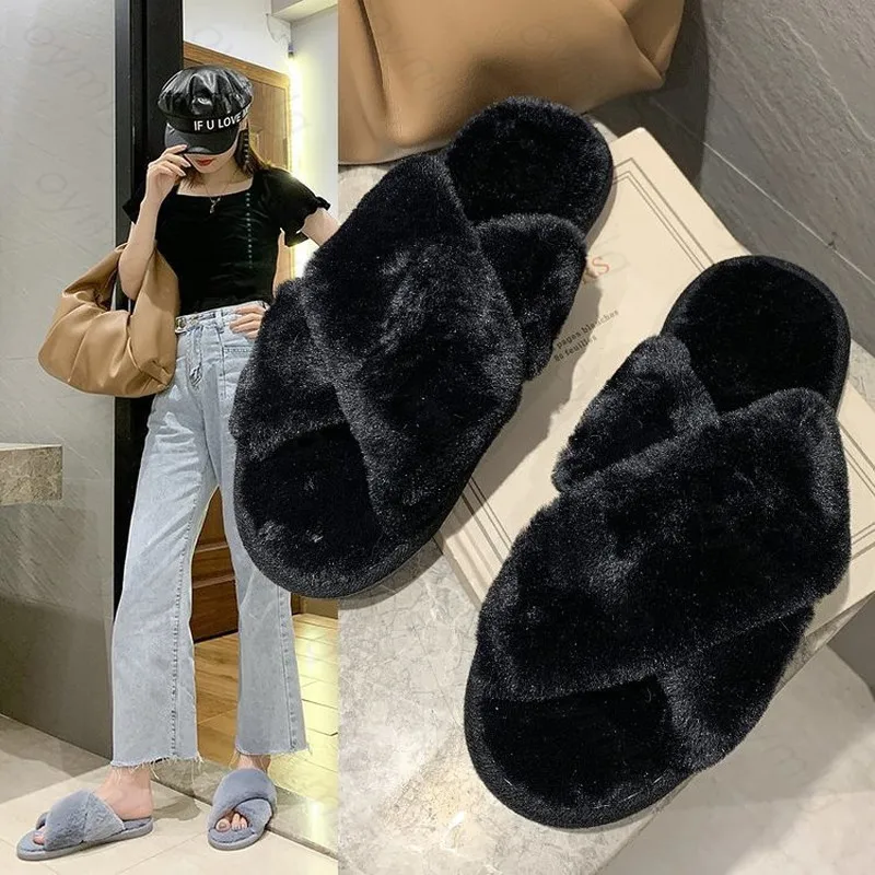 

2021 Winter Women Slippers Faux Fur Fully Wrapped Sole Vamp Furry Slippers Black Female Warm Flats Large Size Slides Cozy Home
