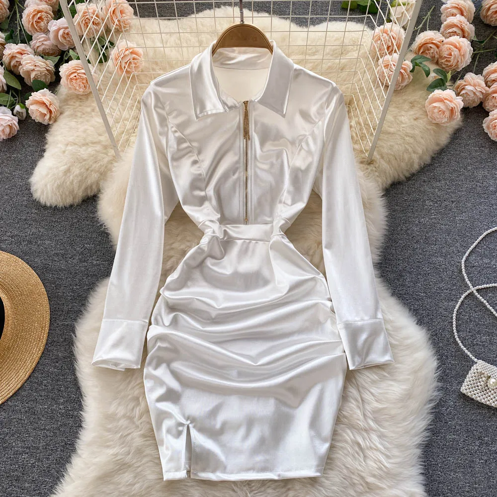 

C016 Women New Fashion Autumn Zipper Long Sleeve Package Hip Short Dress Satin White Black Casual Clothes Vestidos De Mujer