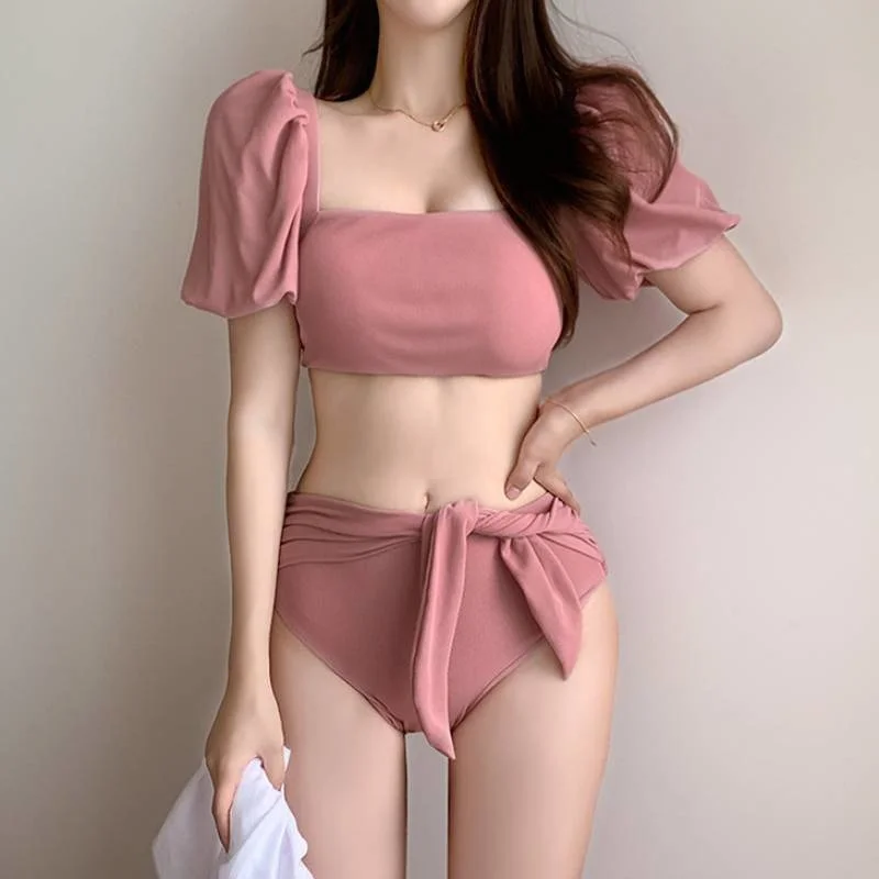 

Korean Style High Waist Bikini Set 2021 Women Swimwear Biquini Suit Two Pieces Swimwear Print Swimsuit High Quality Beach Suit