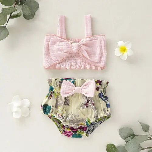 

Summer Clothes Cartoon Toddler Infant Baby Girls Sleeveless Pink Bow Tops+Floral PP Shorts Outfits 2PCS Set