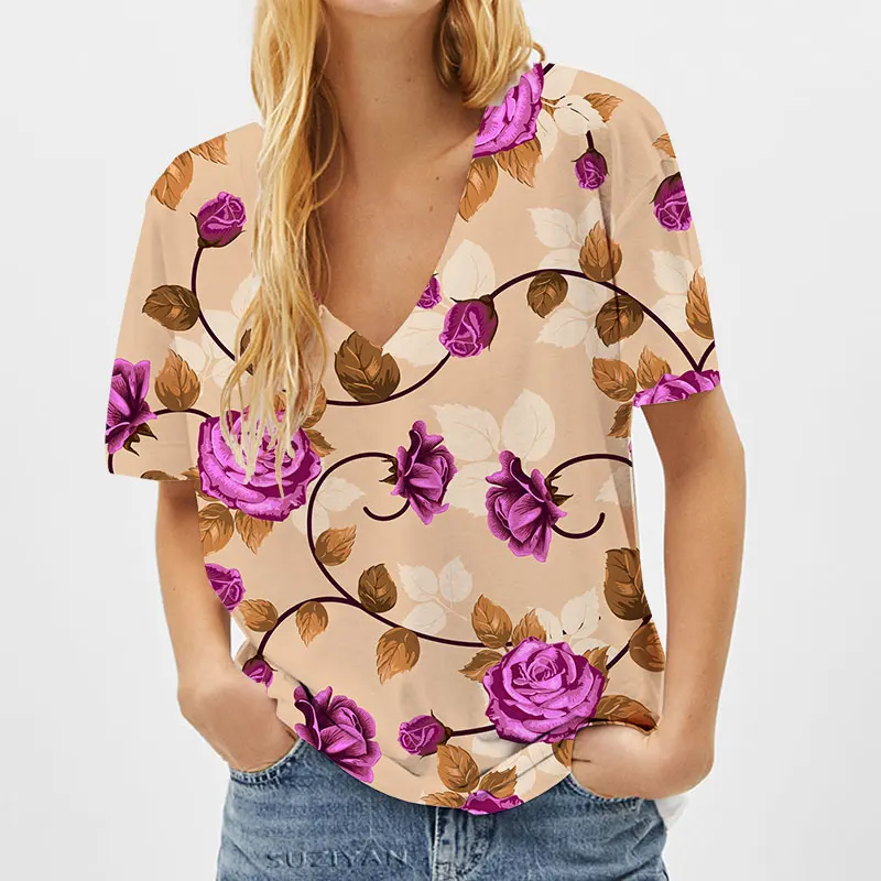 

Summer Casual Women New Floral Printed 3d T-shirt Color Flower Harajuku Pullover Short Sleeve V-neck Tshirts Street Tops