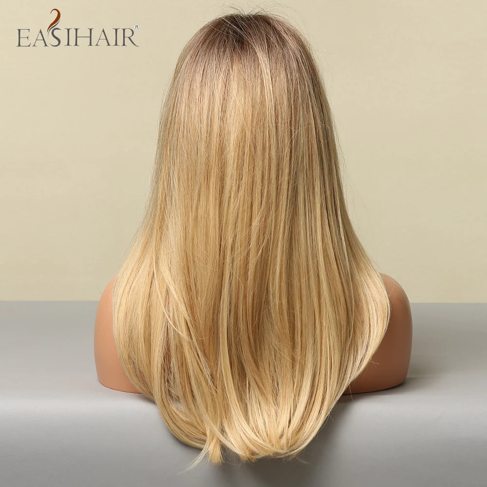 EASIHAIR-Peluca de cabello sintético para mujer, cabellera artificial con flequillo largo y liso, color marrón y Rubio, Natural, resistente al calor, uso diario