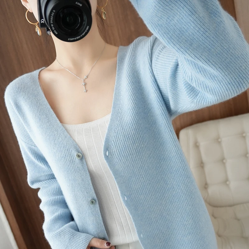 

Autumn Women's V-Neck Cardigan Warm Knitted Sweater Jacket Fashion Knit Cardigans 100% Wool Cashmere Lady Loose Plus Size Coat