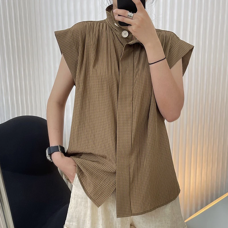 

TWOTWINSTYLE Print Plaid Blouse Shirts For Female Lapel Collar Sleeveless High Waist Loose Women's Casual Shirt Fashion New 2021