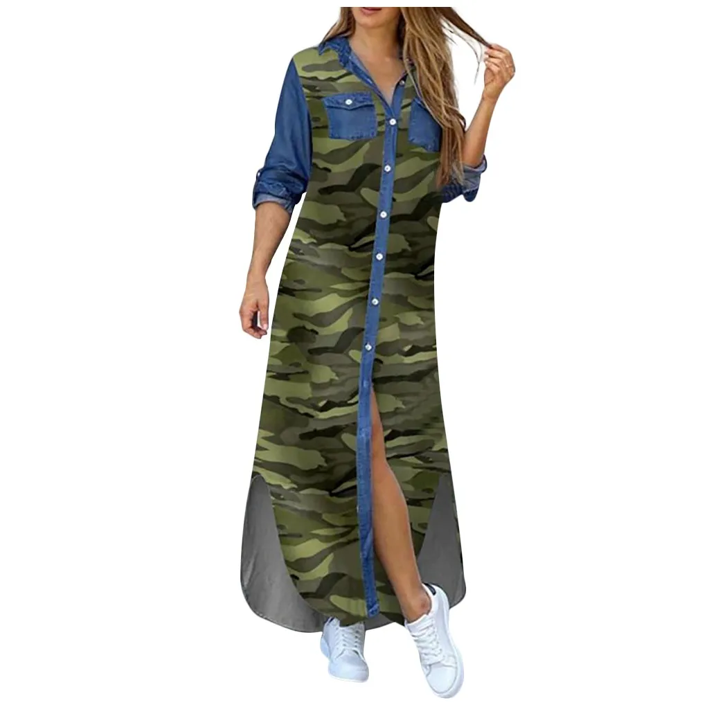 

Fashion Spring and Autumn Trend Women's Casual Loose V-neck Sexy Long Sleeve Pocket Button Shirt Printed Ankle Dress