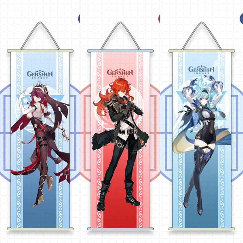 

Game Genshin Impact Eula Rosaria KLee Cartoon Painting Silk Poster Scroll Painting Wall Art Pictures For Living Room Home Decor