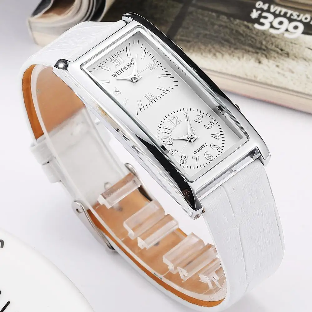 Часы наручные женские кварцевые с двумя циферблатами и кожаным ремешком|Женские