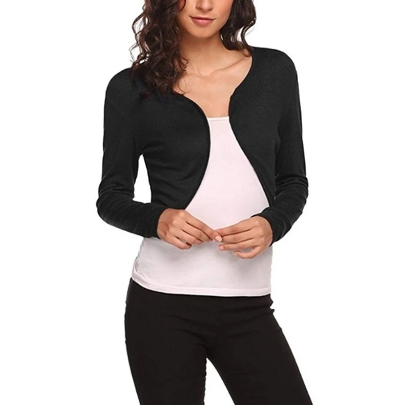 Женский элегантный короткий однотонный кардиган повседневный с длинным рукавом