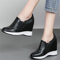 10cm high heel fashion sneakers women cut out genuine leather wedges ankle boots female round toe platform pumps casual shoes