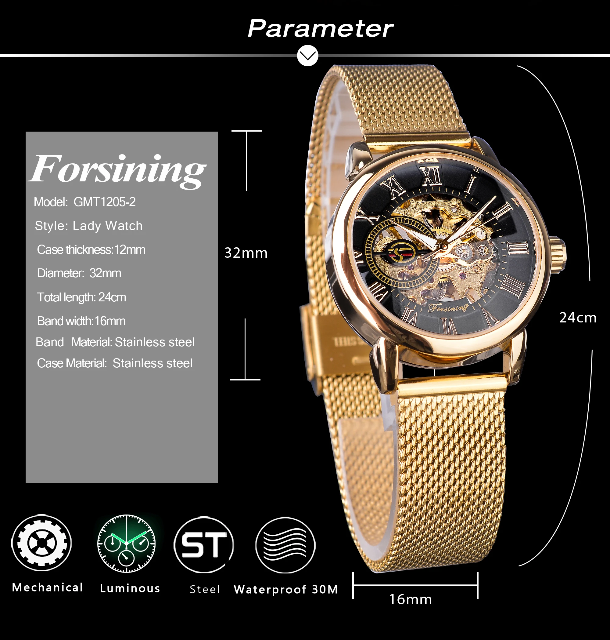 Forsining Fashion Luxury Rose Golden Skeleton Women Mechanical Watch Roman Numerals Transparent Watches Stainless Steel Clock | Наручные