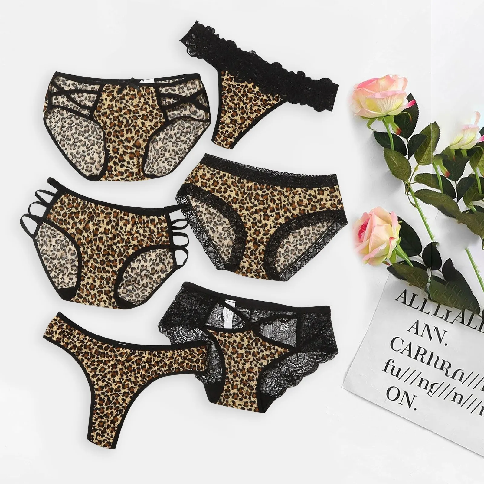 

6PCS Underwear Women Leopard Print Women Translucent Underwear Sheer Lace Tank Lace Sexy Underpant Ropa Interior