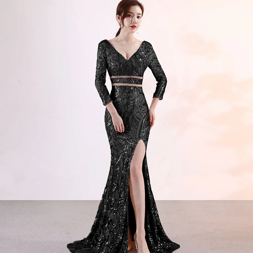 Женское облегающее Макси платье с длинным рукавом и блестками v образным вырезом