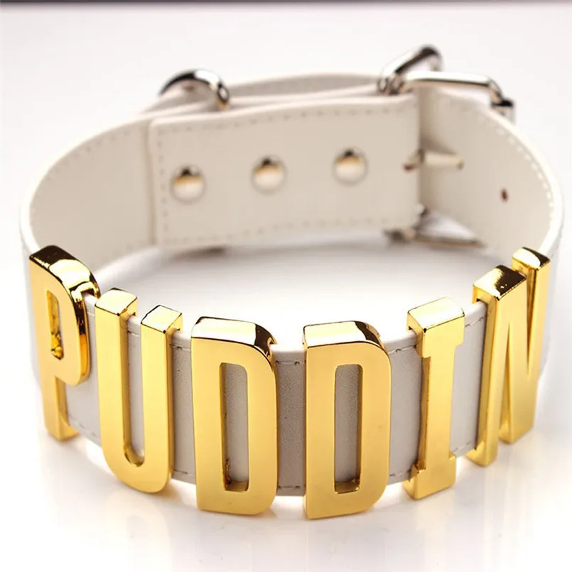 

HarleenQuinzel HarleenQuinzel Clown Girl Cosplay Letter Leather Collar Simple Letter Black White PU Leather Girl Collars-PUDDIN