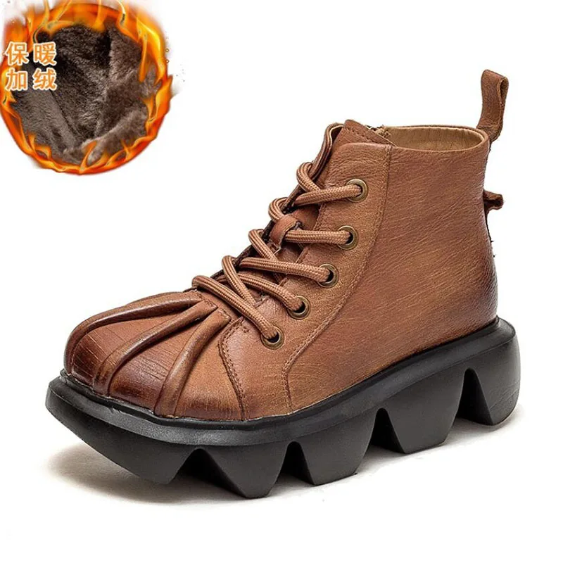 

TOACEK Ankle Boots Women Shoes Genuine Leather Zip Round Toe 2021 New Autumn Winter Lace-up Warm Fur Winter Boots for Women