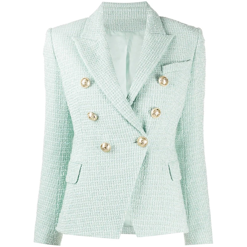 HIGH STREET Newest 2022 Designer Jacket Women's Classic Metal Buttons Double Breasted Tweed Blazer Mint Green