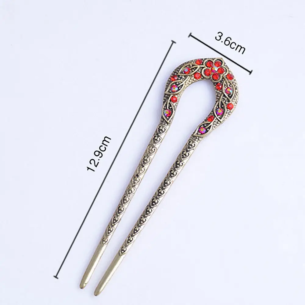

1 Pcs Vintage Exquisite Flower Rhinestone Hair Stick Bronze U Shape Hairpin for Women Girl Fashion Hair Styling Tool Headwear