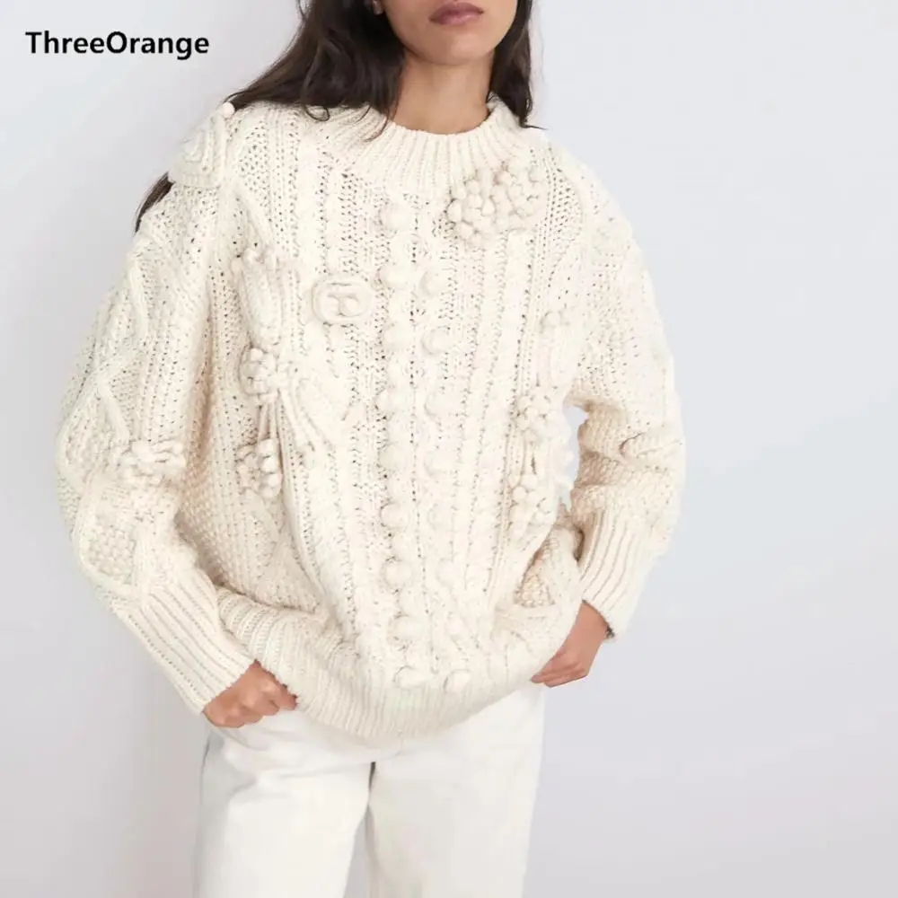 Женский вязаный свитер ZA повседневный белый пуловер свободного покроя джемпер