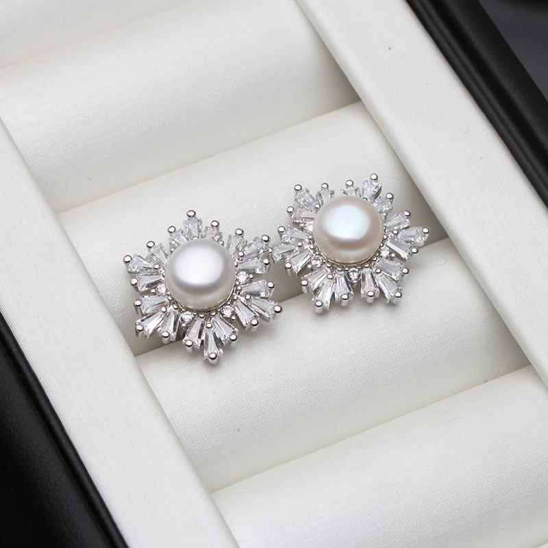 Real Wedding Natural Freshwater Pearl Earrings For Women,925 Silver Big Stud Earrings Pearl Girlfriend Gift