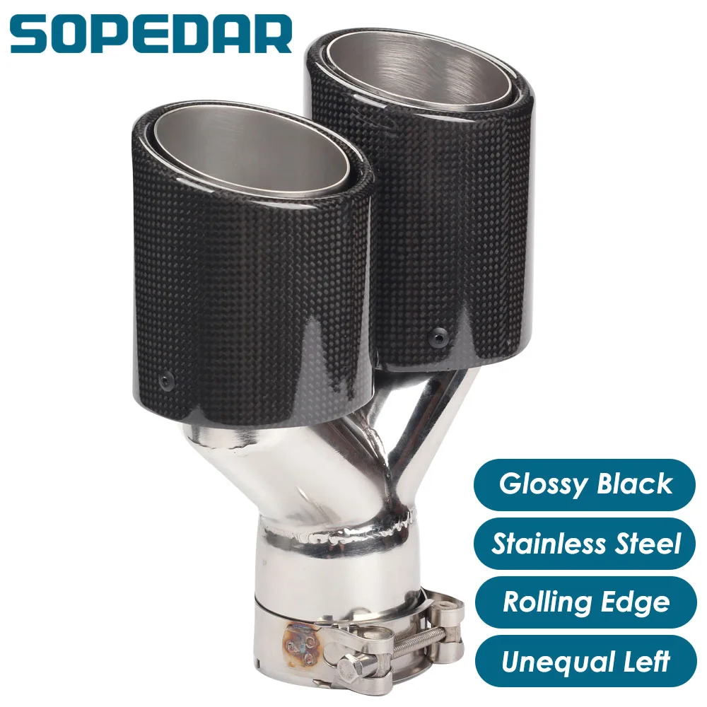 

Двойная неравная левая выхлопная труба SOPEDAR с зажимом, торцовая кромка, глянцевая нержавеющая Y-образная модель, модификация задней выхлопн...