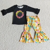 autumn and winter girls sunflower long sleeve black top and bell bottom pantsuit kids clothing
