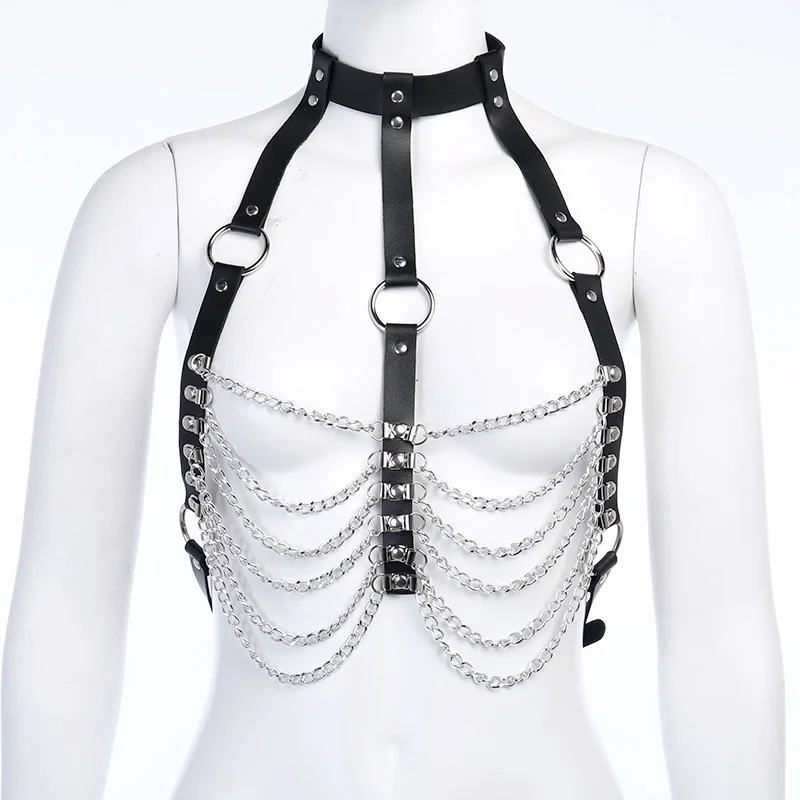 Сексуальные кожаные ремни InsGoth с цепочкой регулируемый нагрудный ремень лямкой