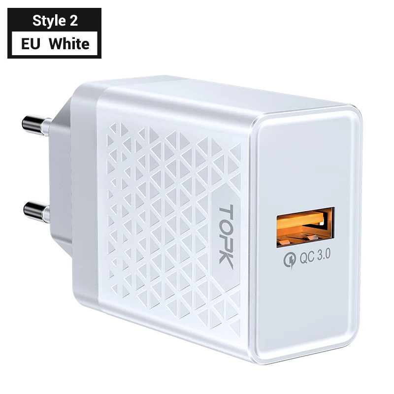 EU White for Style 2 TOPK B154Q 18 Вт Быстрая зарядка 3,0 Быстрая зарядка для мобильных телефонов с европейской вилкой настенное USB зарядное устройство адаптер для iPhone samsung Xiaomi huawei - Тип штекера: EU White for Style 2