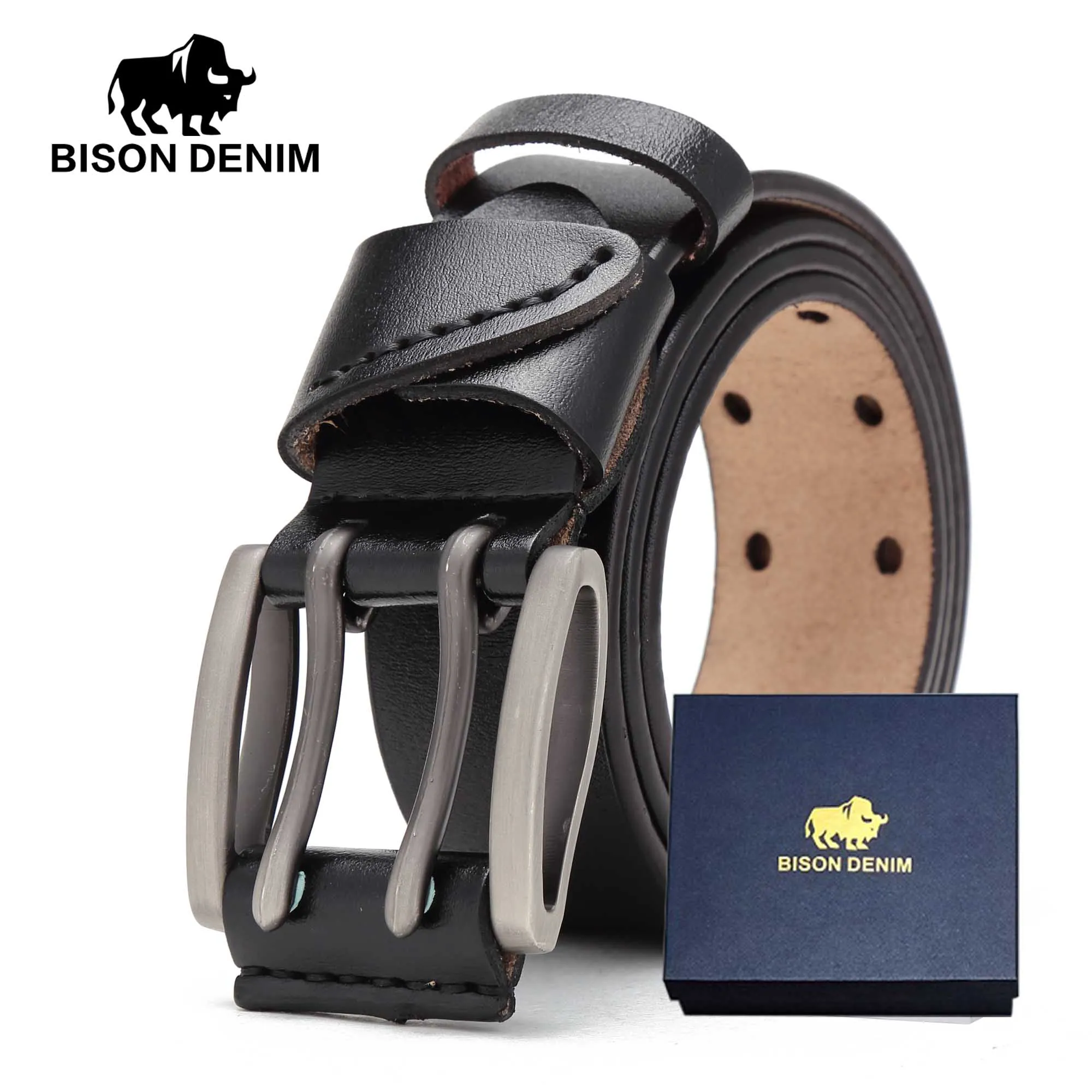 Мужской ремень из натуральной кожи BISON DENIM Черный винтажный кожаный пояс с