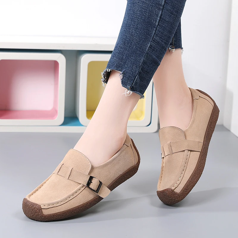 

Women Casual Shoes Suede Leather Designer Non-slip Sneakers Women Buckle Strap Loafers Luxury Female Moccasins Zapatos De Mujer