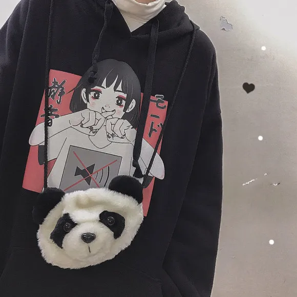 Harajuku Kawaii аниме девушка с капюшоном Толстовка японский Винтаж милый черный флис толстовка с рисунком женский объемный пуловер
