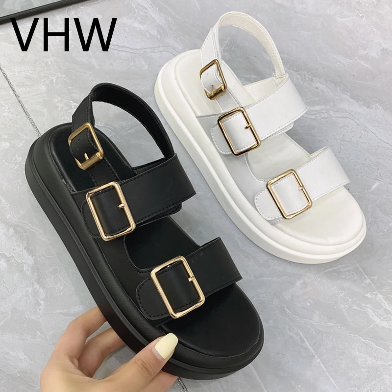 

Women Flats Sandals 2021 Summer Platform Open Round Toe Leather Vintage Fashion Sport White Buckle Strap Female Casual Shoes