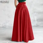 Модные однотонные длинные юбки-трапеции ZANZEA, элегантная летняя атласная юбка с высокой талией, повседневные женские юбки, юбка для вечеринки