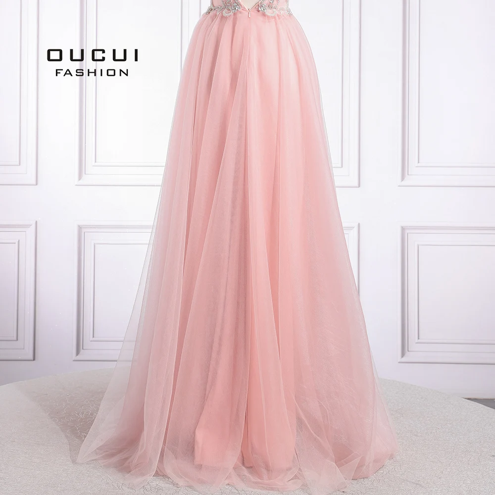 

Pink Beading Women Long Evening Dress 2019 Sleeveless V-neck A-line Tulle Elegant Party Robe De Soiree Even Gown OL103423
