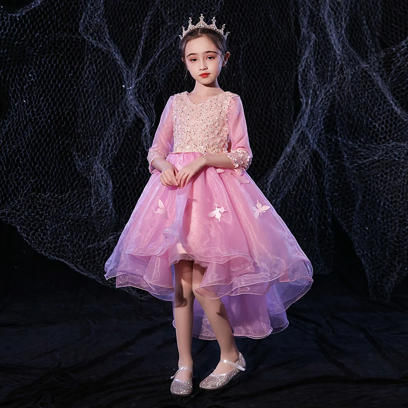 

Flower Girl Dresses Illusion V-Neck Half Appliques Crystal Princess Knee-Length Tulle Lace Luxury Pink Cute Kids Party Gown H649