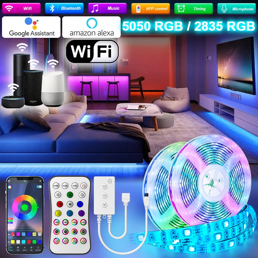 

Светодиодная ленсветильник с Wi-Fi, 5-30 м, Bluetooth, RGB, 5050 SMD 2835
