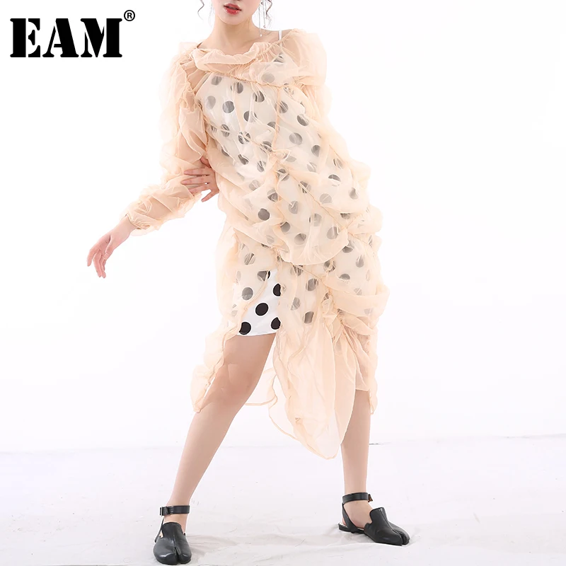 

[EAM] Women Irregular Drawstring Dot Pleated Dress New Round Neck Long Sleeve Loose Fit Fashion Tide Spring Autumn 2021 1Y74704