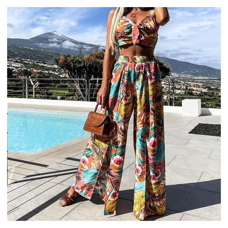 

Summer Floral Print Suspender Vest Top Mid-waist Wide-leg Pants Vacation Beach Womens Two-piece Loose Trousers