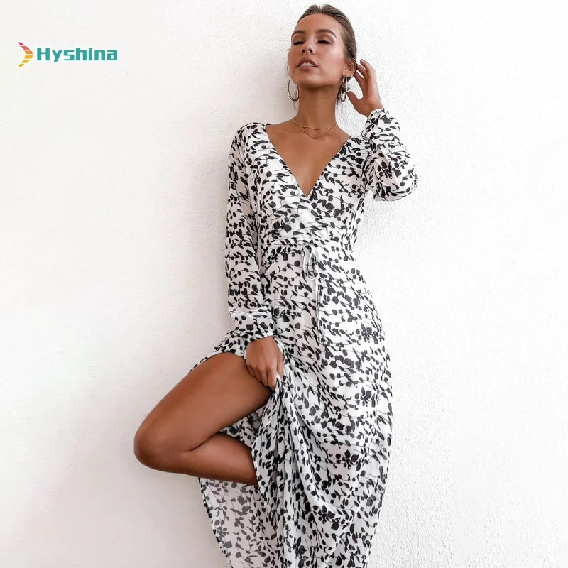 

Elegant Midi Dress Fall Winter 2020 V-neck Print Long Sleeve Lace Dress Women Chiffon a Word Temperament Lady Dress for Spring